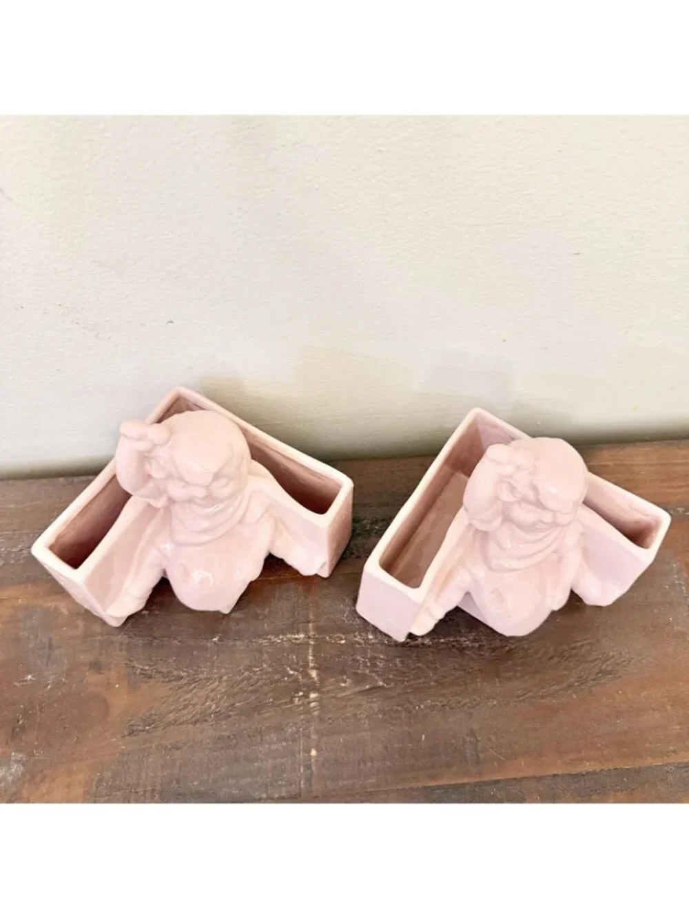 Vintage Pink Ceramic Girl Figurine Planters Pair Retro Kitsch Nursery Decor